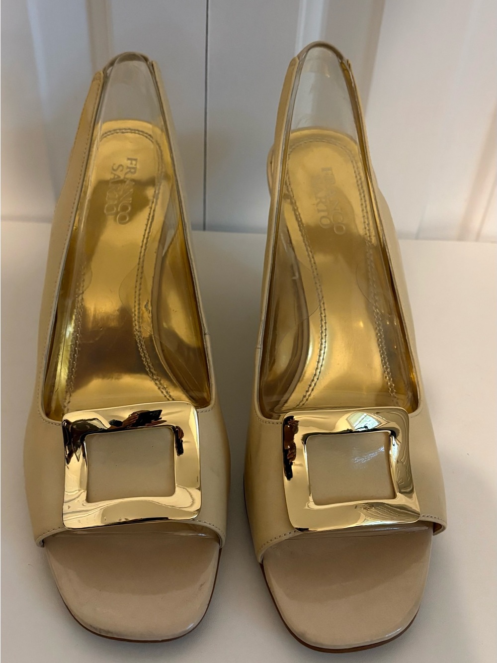 FRANCO SARTO Cream Patent Slingback Wedges with Gold Buckle